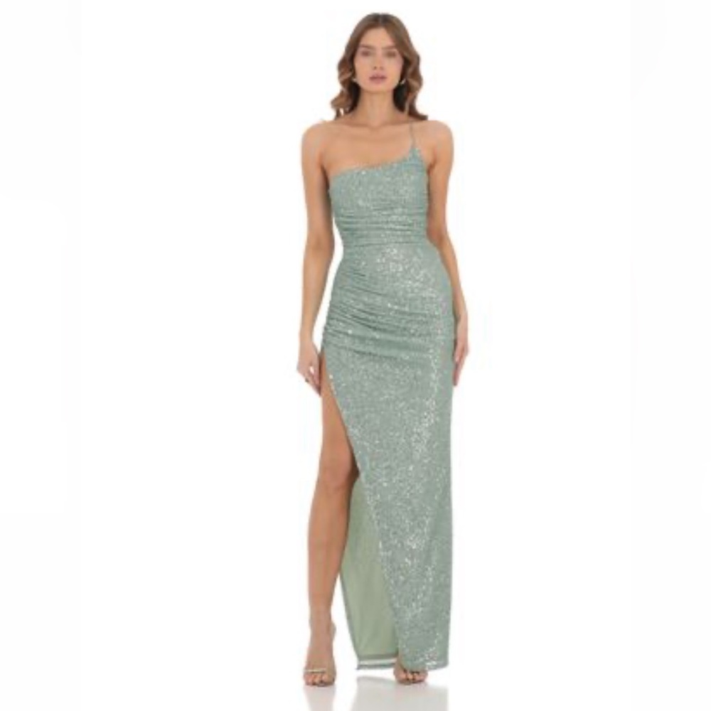 Lucy in the Sky Sequin One Shoulder Dress in Green